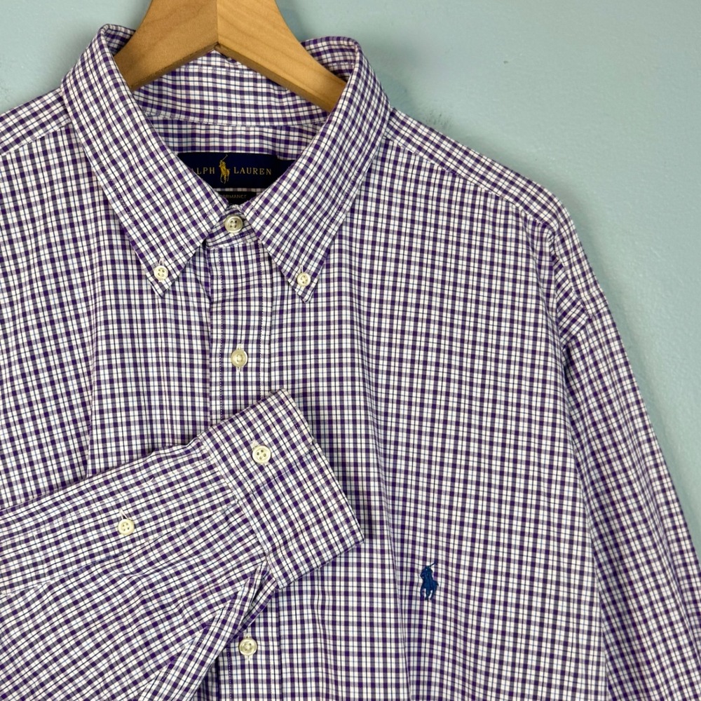 Ralph Lauren Performance Mens 2XLT Purple Gingham Plaid Performance Button Shirt